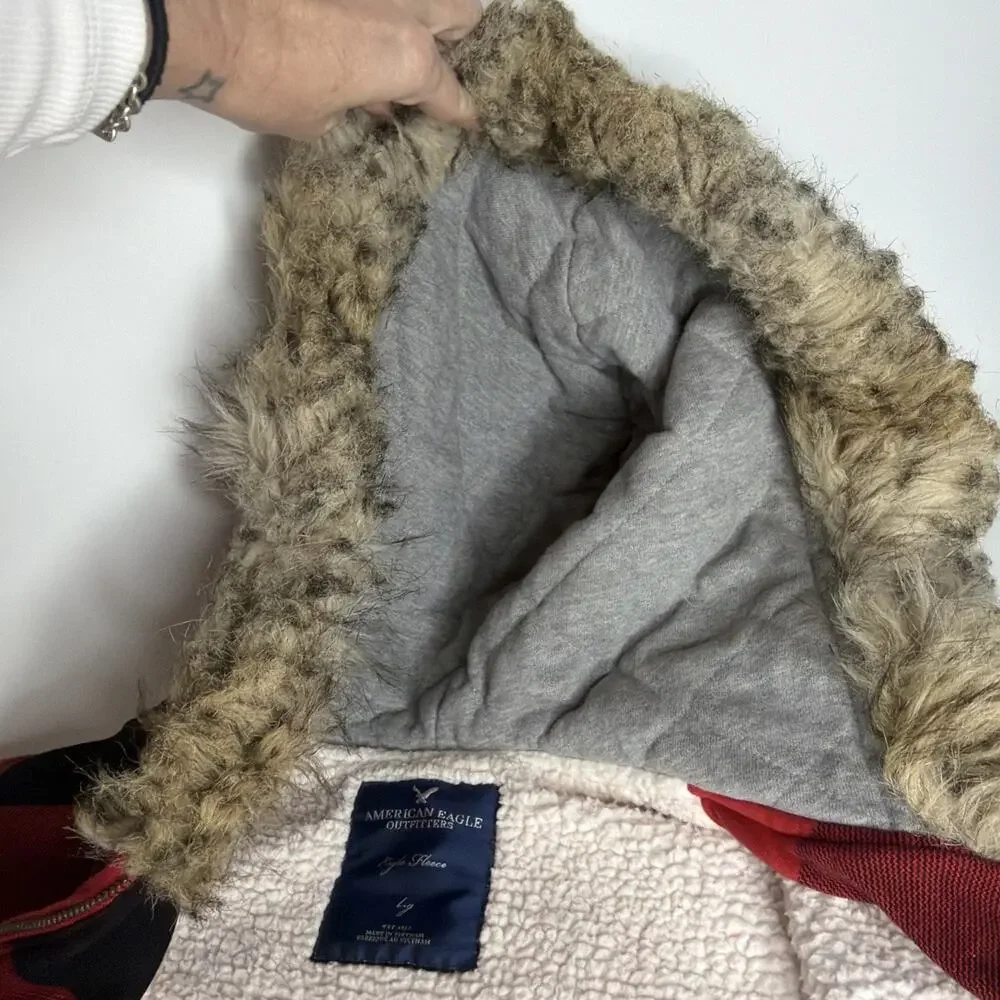 American Eagle Y2K Fur Fleece Lined Zip Up Hoodie Red Plaid Grunge Punk Size L - Picture 6 of 11